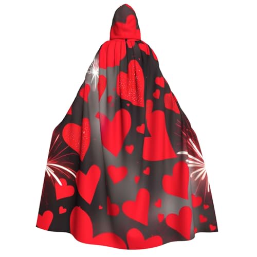 BREAUX Rote Herzen Feuerwerk Druck Erwachsene Kapuzenumhang Kapuzenumhang Unisex Umhang Halloween Umhang Cosplay Kostüm von BREAUX