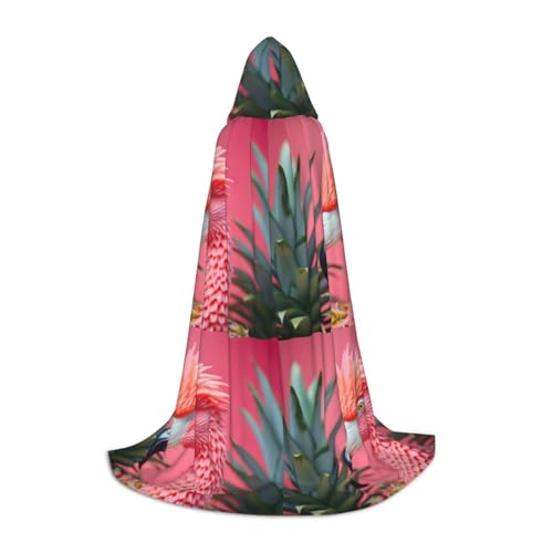 BREAUX Roter Flamingo-Ananas-Druck, Unisex, Halloween, Kapuzenumhang, volle Länge, Umhang für Teufel, Hexe, Zauberer, Cosplay von BREAUX