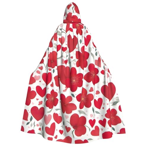 BREAUX Valentine Red Heart Flower Print Adult Hooded Cloak, Hooded Cloak, Unisex Cloak, Halloween Cloak, Cosplay Costume von BREAUX