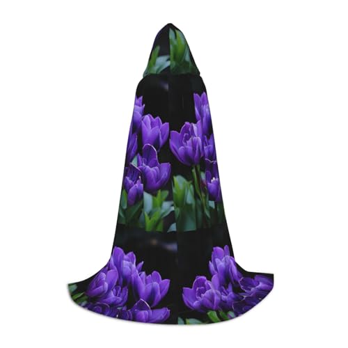 BREAUX Violetter Tulpenaufdruck, Unisex, Halloween, Kapuzenumhang, volle Länge, Umhang für Teufel, Hexe, Zauberer, Cosplay von BREAUX