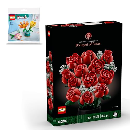 LEGO Icons Botanical Rosenstrauß (10328) mit Polybag-Geschenk: Freundschaftsblumen (30634), Klemmbausteine Blumen als LEGO-Deko für Erwachsene von BRICK Flip