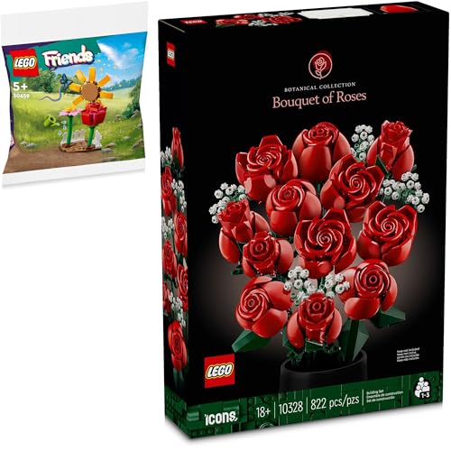 LEGO Icons Botanical Rosenstrauß (10328) mit Polybag-Geschenk: Freundschaftsblumen (30634), Klemmbausteine Blumen als LEGO-Deko für Erwachsene von BRICK Flip