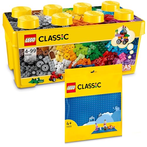 Lego Bausteine Box Mittelgroß Classic + Blaue Lego Platte (Bauplatte) | Kombi-Set mit Aufbewahrungsbox und Grundplatte (Baseplate), Set für Kinder ab 4 Jahre, Jungen und Mädchen (10696 + 11023) von BRICK Flip