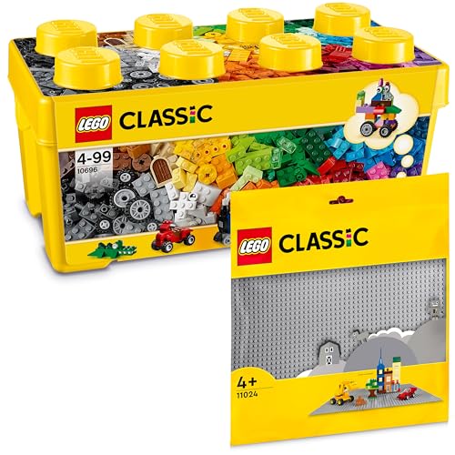 LEGO Classic Bausteine-Box Mittelgroß + Graue Bauplatte, Kombi-Set mit Aufbewahrungsbox und Grundplatte, (10696 + 11024) von BRICK Flip