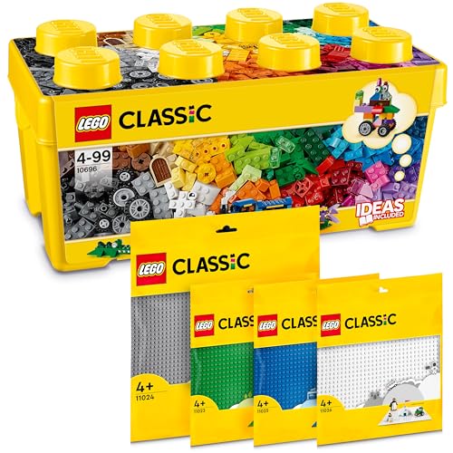 Lego Classic Bausteine-Box Mittelgroß + Grüne, Blaue, Weiße & Graue Bauplatte, Kombi-Set mit Aufbewahrungsbox und Grundplatte, (10696 + 11023, 11024, 11025, 11026) von BRICK Flip
