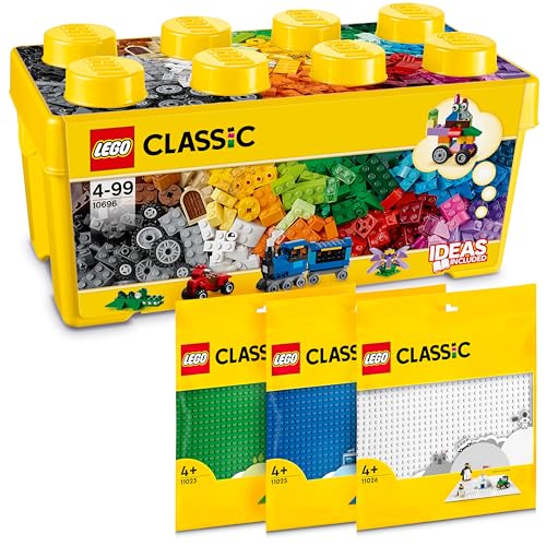 Lego Classic Bausteine Box Mittelgroß + Grüne, Blaue & Weiße Lego Platte: Aufbewahrungsboxen & Lego Platten Bundle, Steinebox mit Bauplatten, Bausteine Box und Baseplate, ab 4 Jahre - Lego Starterset von BRICK Flip