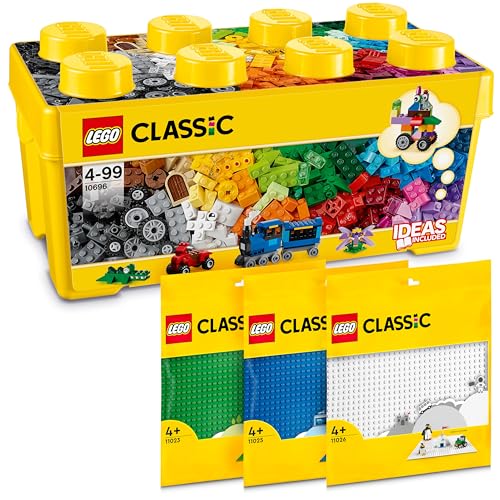 LEGO Classic Bausteine-Box Mittelgroß + Grüne, Blaue & Weiße Bauplatte, Kombi-Set mit Aufbewahrungsbox und Grundplatte, (10696 + 11023, 11025, 11026) von BRICK Flip