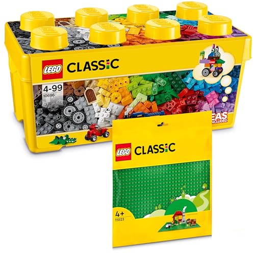 Lego Classic Bausteine Box Mittelgroß + Grüne Lego Platte: Aufbewahrungsboxen & Lego Platten Bundle, Steinebox mit Bauplatte, Bausteine Box und Baseplate für Kinder ab 4 Jahre - Lego Starterset Kombi von BRICK Flip