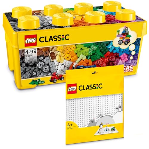 Lego Classic Bausteine Box Mittelgroß + Weiße Lego Platte: Aufbewahrungsboxen & Lego Platten Bundle, Steinebox mit Bauplatte, Bausteine Box und Baseplate für Kinder ab 4 Jahre - Lego Starterset Kombi von BRICK Flip