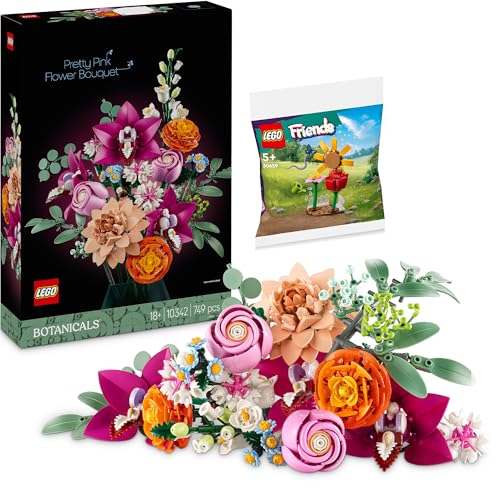 Lego Icons Botanical Blumenstrauß mit Polybag-Geschenk, Klemmbausteine Blumen als Lego-Deko für Erwachsene, Schöner Rosafarbener Blumenstrauß (Lego 10342) - Lego Blumen Neuheiten Kombi von BRICK Flip