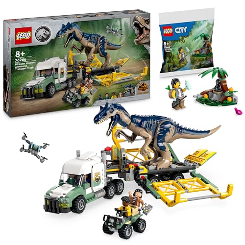 Lego Jurassic World Dinosaurier-Missionen: Allosaurus-Transporter (76966) & Dschungelforscher (30665), Dinosaurier Lego ab 8 Jahre, Lego Dino Transporter - Neuheit von BRICK Flip