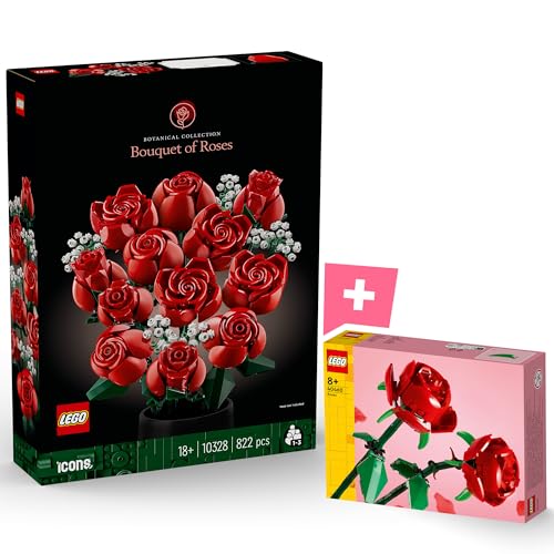 Lego Rosenstrauß & Rosen, künstliche Blumen aus Klemmbausteine als Zimmer-Deko, Lego Botanical Collection für Erwachsene, Icons, Art, Creator - Lego Blumenstrauß Bundle (10328 & 40460) von BRICK Flip