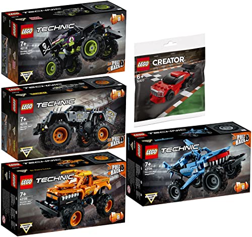 Lego Technic 5er Set: 42118 Monster Jam Grave Digger, 42119 Monster Jam Max-D, 42134 Monster Jam Megalodon, 42135 Monster Jam EL Toro Loco & 30577 Megastarkes Muscle-Car von BRICKCOMPLETE