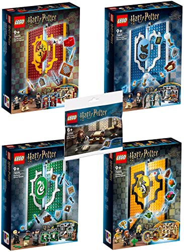 Lego 5er Set: 76409 Hausbanner Gryffindor, 76410 Hausbanner Slytherin, 76411 Hausbanner Ravenclaw, 76412 Hausbanner Hufflepuff & 30392 Hermines Schreibtisch von BRICKCOMPLETE