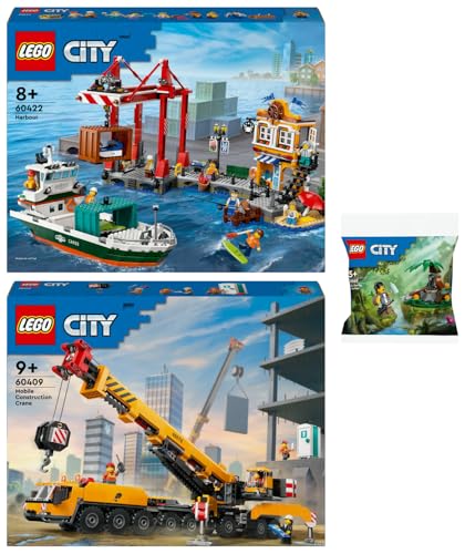 Lego City Set: 60422 Hafen mit Frachtschiff, 60409 Mobiler Baukran & 30665 Dschungelforscher mit Baby-Gorilla von BRICKCOMPLETE