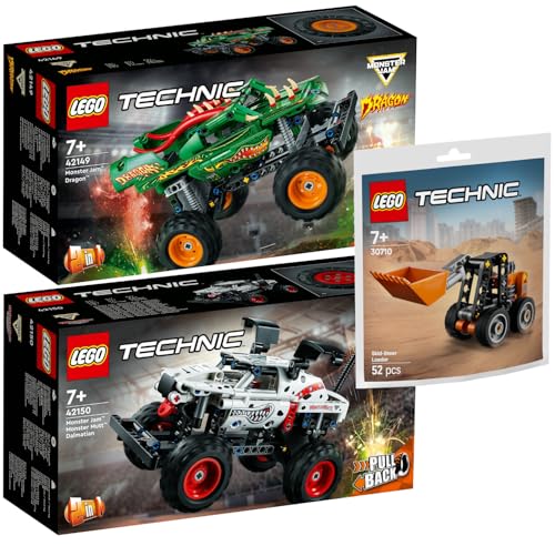 Lego Technic 3er Set: 42149 Monster Jam Dragon, 42150 Monster Jam Monster Mutt Dalmatian & 30710 Kompaktlader von BRICKCOMPLETE