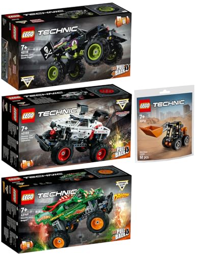 Lego Technic 4er Set: 42118 Monster Jam Grave Digger, 42149 Monster Jam Dragon, 42150 Monster Jam Monster Mutt Dalmatian & 30655 Gabelstapler mit Palette von BRICKCOMPLETE