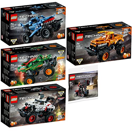 Lego Technic 5er Set: 42134 Monster Jam Megalodon, 42135 Monster Jam EL Toro Loco, 42149 Monster Jam Dragon, 42150 Monster Jam Monster Mutt Dalmatian & 30655 Gabelstapler mit Palette von BRICKCOMPLETE