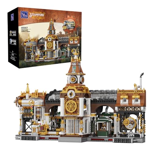 puremind PANTASY Steampunk Bahnhof Bausatz – Retro-futuristisches Modellbau-Set für Erwachsene und Jugendliche, Kreativer Deko-Bausatz mit Zugstation-Komponenten von BRICKKK