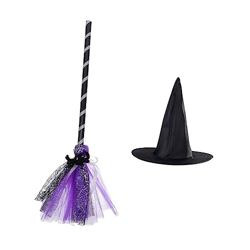 BRIGHTFUFU 1 Satz Zauberhut Besen Bühnenaufführung Hut Besen Halloween-Cosplay-Requisiten Halloween-Party-hexenhut Rollenspielspielzeug Für Kostüm Für Kinder Hexendekor Stoff Violett von BRIGHTFUFU