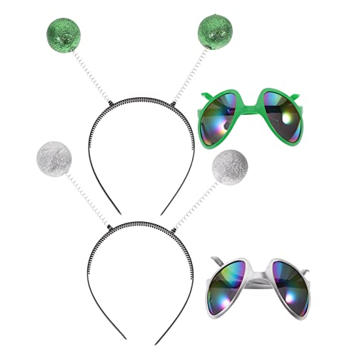 BRIGHTFUFU 1 Set Alien Brillen Mit Haarbändern Für Festivals Lustige Cosplay Party Accessoires 4 Teilig Grünes Und Silbernes Haarband Farbige Gläser von BRIGHTFUFU