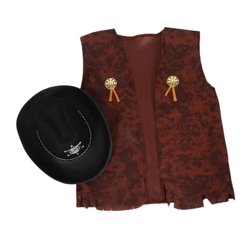 BRIGHTFUFU 2 Stück Jeans Themenkleid Cowboy -outfit Cowboyhut und Weste Kostümset für Erwachsene Halloween wirft Kostümset mit Hut Cowboy-Verkleidung für Jungen Maskerade-Cosplay-Kostüm Stoff von BRIGHTFUFU