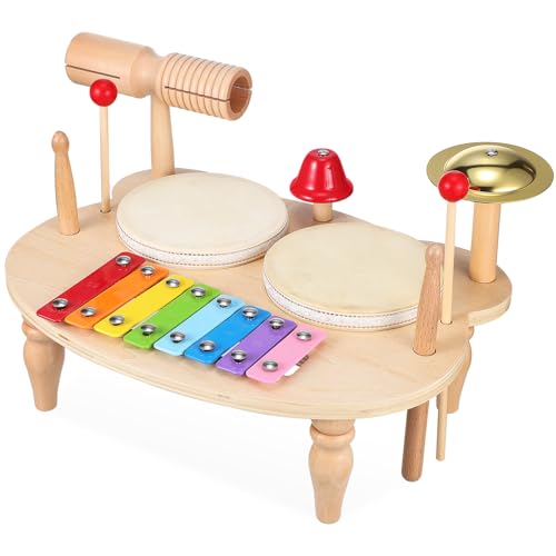 BRIGHTFUFU Hölzernes Schlaginstrument Musikspielzeug Instrumente Xylophon Lehrinstrument Hölzernes Melodiewerkzeug Schlaginstrument Tamburin Holzschlägel Handtrommel Tamburin Trommel von BRIGHTFUFU