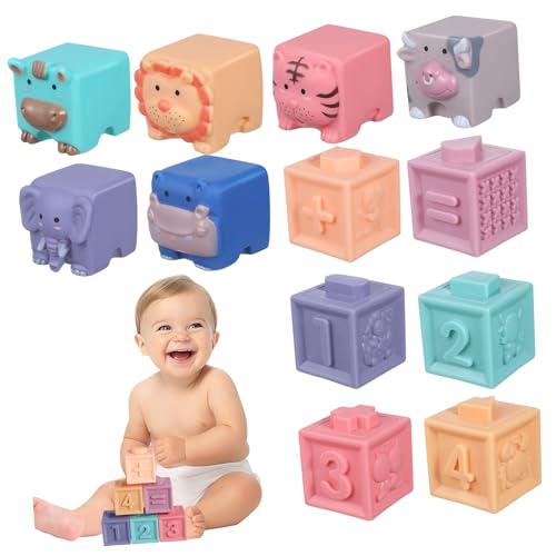 BRIGHTFUFU Weiche Babybausteine Gummibauklötze Für Kleinkinder Stapelspielzeug Für Babys Mit Tier Und Zahlenmotiven Inklusive Aufbewahrungstasche von BRIGHTFUFU