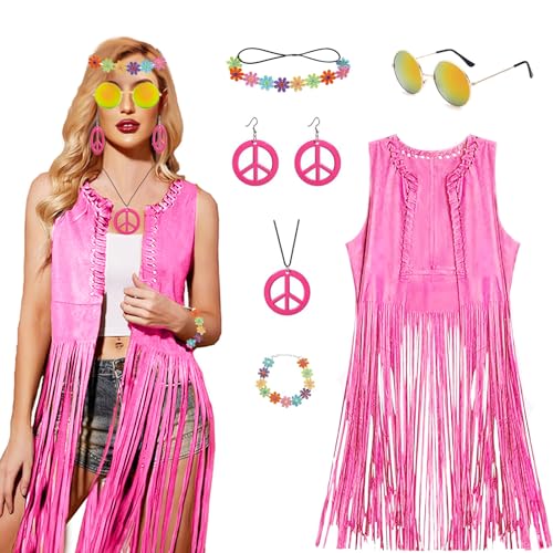 BRIMOREA Festival Outfit Damen Hippie Kleidung Damen Hippie Kostüm Damen Set 60er 70er Jahre Kostüm Accessoires Pfauenfedern Karnevalskostüme Damen Faschingskostüme Hippie Outfit Damen Grosse Grössen von BRIMOREA