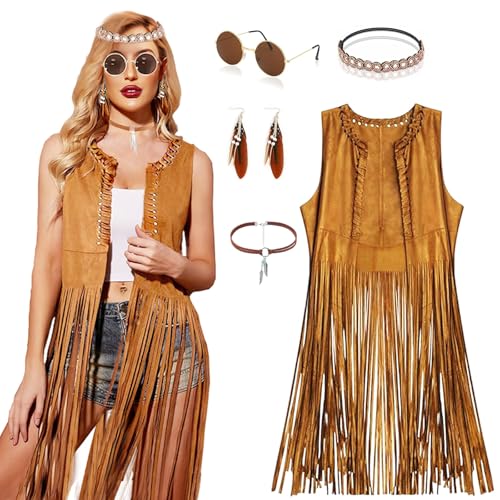 Hippie Kostüm Damen Poncho Fasching Hippie Kleidung Damen Set 60er 70er Jahre Outfit Damen Western Outfit Faschingskostüme Damen Fransenweste Damen Festival Kleid Cowboy Kostüm Hippie Accessoires von BRIMOREA