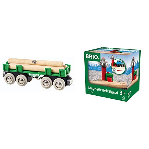 Brio 33696 - Langholzwagen & World 33754 Magnetisches Glockensignal – Eisenbahnzubehör Holzeisenbahn – Kleinkinderspielzeug empfohlen für Kinder ab 3 Jahren von BRIO