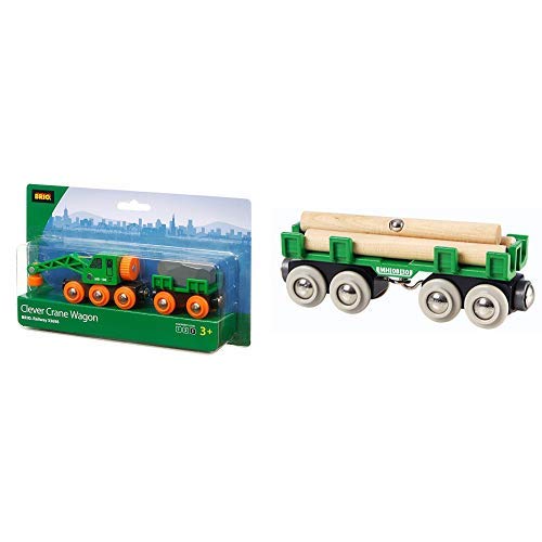 Brio 33698 - Grüner Kranwagen mit Anhänger und Fracht & 33696 - Langholzwagen von BRIO