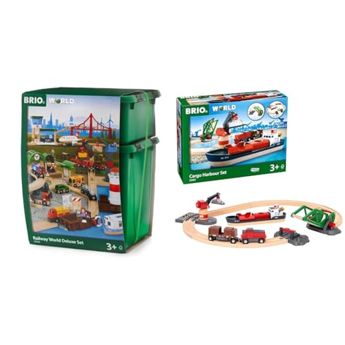 BRIO 33766 - Großes Premium Set, Kunststoffboxen, Bauernhof Tiere & World 33061 Container Hafen Set - Mit Hafenbrücke und beweglichem Kran von BRIO