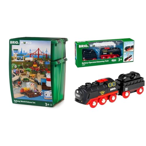 BRIO 33766 - Großes Premium Set, Kunststoffboxen, Bauernhof Tiere & World 33884 Batterie-Dampflok mit Wassertank von BRIO