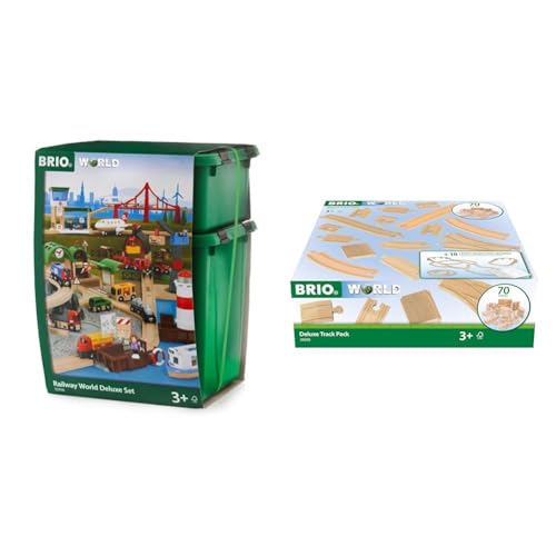 BRIO 33766 - Großes Premium Set, Kunststoffboxen, Bauernhof Tiere & World 36030 Schienensortiment Deluxe - 70-teiliges Set mit Schienen, Weichen und Brückenpfeilern von BRIO