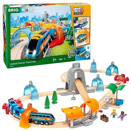 BRIO World 33972 Smart Tech Sound Action Tunnel Reisezug Set Elektrischer Zug mit Schienen & Tunnel Interaktives Spielzeug empfohlen ab 3 Jahren von BRIO