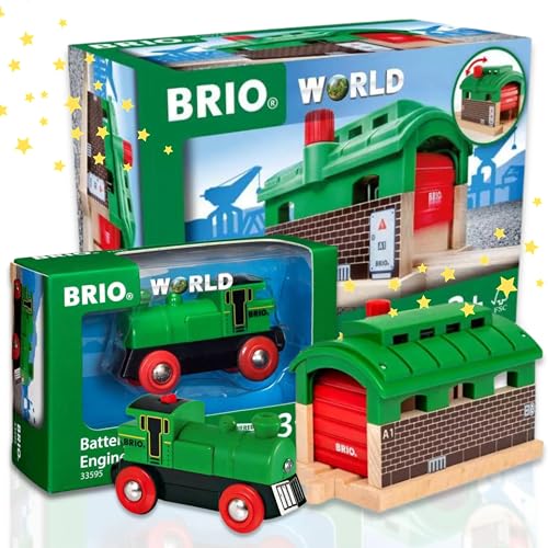 BRIO 63357400 Lokschuppen mit Rolltor + BRIO 63359500 Speedy Green Batterielok - Perfekte Ergänzung für kleine Lokführer! von BRIO