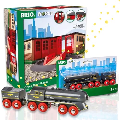 BRIO 63373600 Großer Ringlokschuppen + BRIO 63369700 Schwarzer Kugelblitz mit Kohlentender - Perfekte Ergänzung für die BRIO Eisenbahnwelt von BRIO