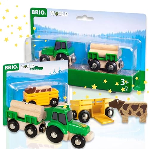 BRIO 63379900 Traktor mit Holz-Anhänger 63340600 Tierwagen mit Kuh - Spielspaß auf Schienen und Bauernhof von BRIO