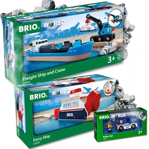 BRIO 63382500 Polizeiwagen mit Licht und Sound + BRIO 63356900 Light&Sound Fähre + BRIO 63353400 Containerschiff mit Kranwagen - Spannende Rettungseinsätze und Transportszenen für die BRIO Welt von BRIO