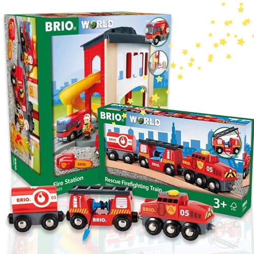 BRIO 63384400 Feuerwehr-Löschzug + BRIO 63383300 Große Feuerwehr-Station mit Einsatzfahrzeug - Aufregende Rettungseinsätze für kleine Helden von BRIO