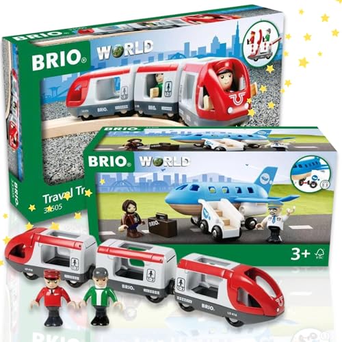 BRIO 63389000 Tunnel Box Reisezug + BRIO 63330600 Blaues Flugzeug - Spannende Reisen mit Zug und Flugzeug in der BRIO Welt von BRIO