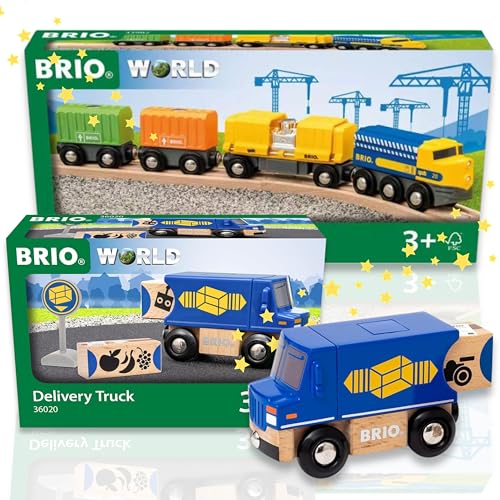 BRIO 63398200 Güterzug mit DREI Waggons + BRIO 63602000 BRIO Zustell-Fahrzeug - Spannender Transport-Spaß für die BRIO Eisenbahnwelt von BRIO