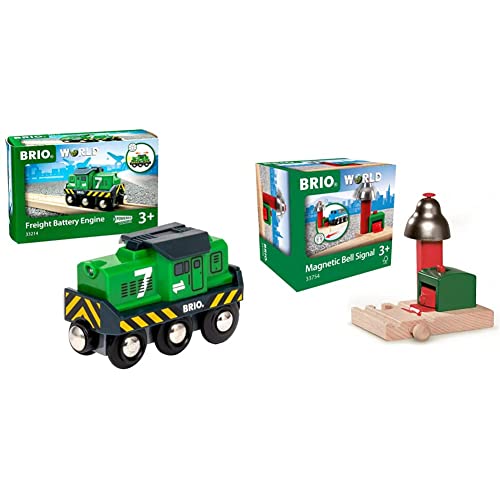 BRIO Bahn 33214 - Batterie-Frachtlok & World 33754 Magnetisches Glockensignal – Eisenbahnzubehör Holzeisenbahn – Kleinkinderspielzeug empfohlen für Kinder ab 3 Jahren von BRIO