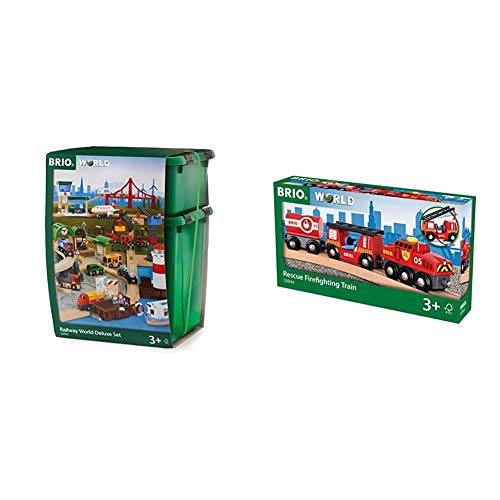 BRIO Bahn 33766 - Großes Premium Set in Kunststoffboxen & World 33844 Feuerwehr-Löschzug – Feuerwehrzug mit Feuerwehrschlauch und Wassertank – Kleinkindspielzeug empfohlen ab 3 Jahren von BRIO