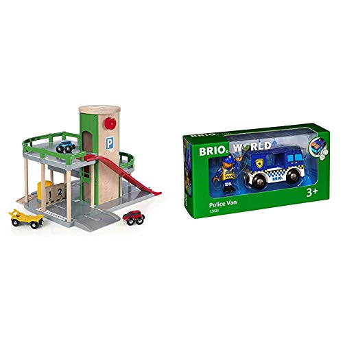 BRIO World 33204 Parkhaus, Straßen & Schienen – Eisenbahnzubehör Holzeisenbahn – Empfohlen für Kinder ab 3 Jahren & Bahn 33825 - Polizeiwagen mit Licht und Sound von BRIO