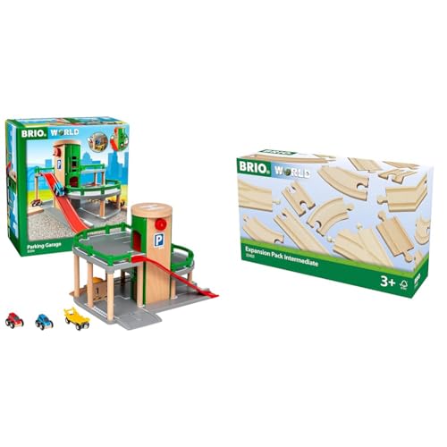 BRIO World 33204 - Parkhaus, Straßen & Schienen & Bahn 33402 - Mittleres Schienensortiment - 16 Gleise aus Buchenholz für die BRIO Holzeisenbahn - Empfohlen für Kinder ab 3 Jahren von BRIO