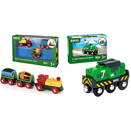 BRIO World 33319 Zug mit Batterielok - Mit beweglichem Kohlewaggon und rotierendem Zementmischer ab 3 Jahren & World 33214 Batterie-Frachtlok - Grüne Batterie-Lok ab 3 Jahren von BRIO