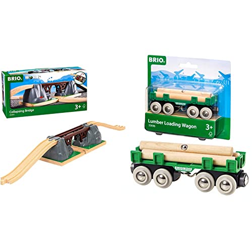 BRIO World 33391 Einsturzbrücke - Ergänzung Holzeisenbahn - Empfohlen ab 3 Jahren & Bahn 33696 - Langholzwagen von BRIO