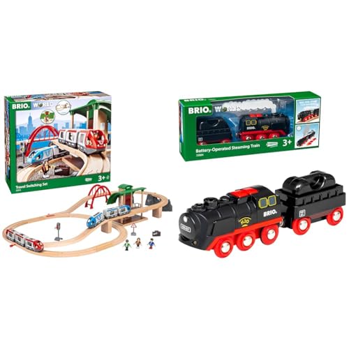 BRIO World 33512 Großes BRIO Bahn Reisezug Set & World 33884 Batterie-Dampflok mit Wassertank - Lokomotive mit echtem kühlen Dampf und Wasserbehälter zum Nachfüllen - Empfohlen ab 3 Jahren von BRIO